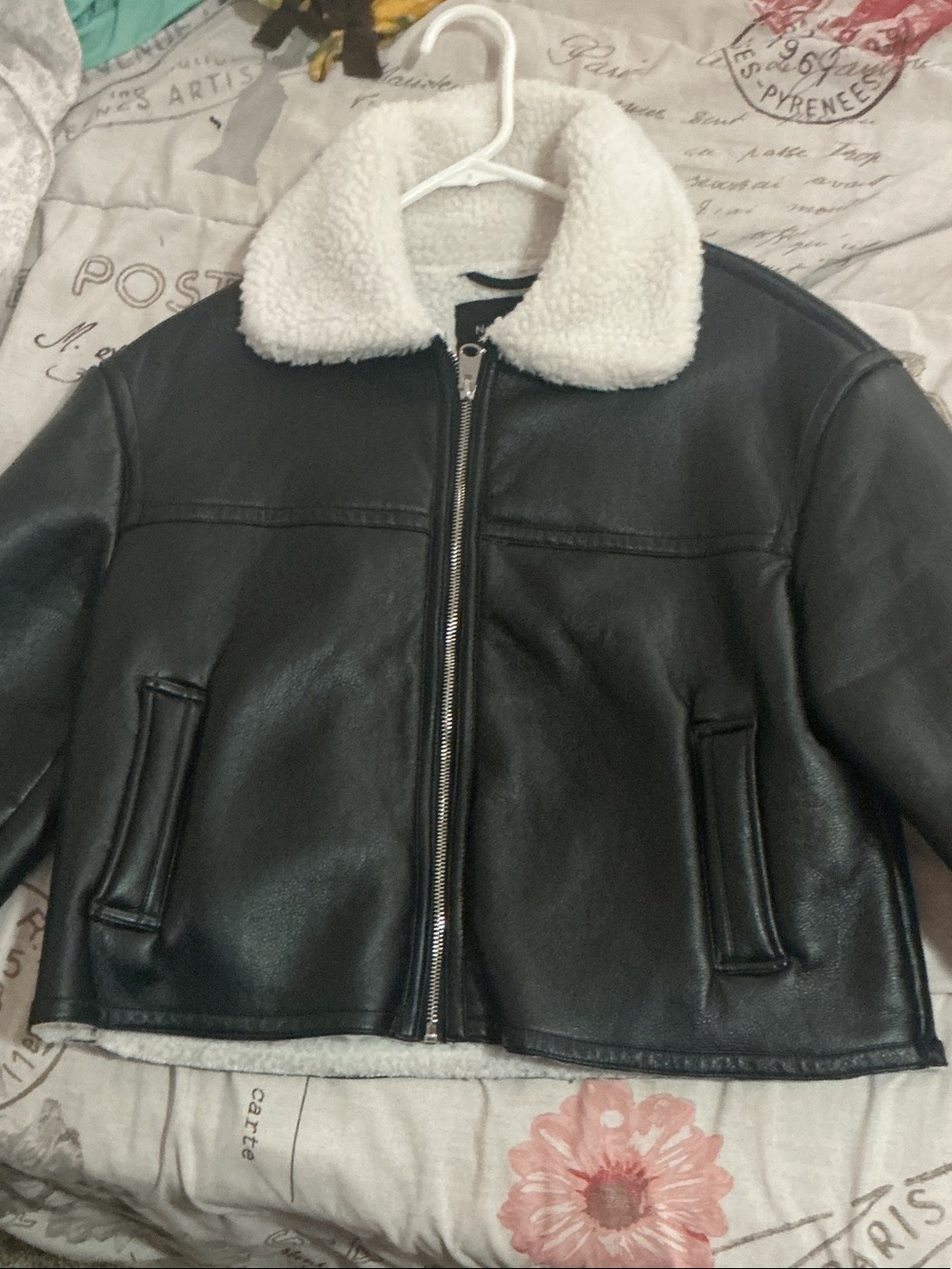 Kids Faux Leather Jacket with Sherpa Collar - Black/White